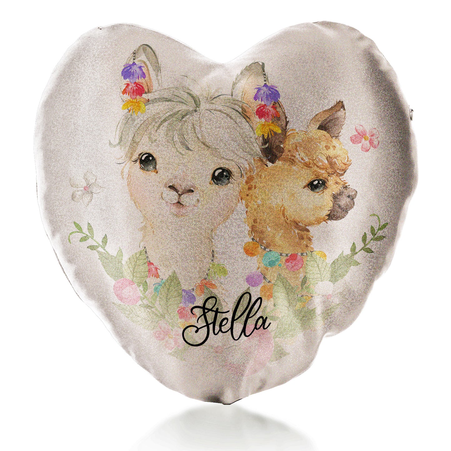 Personalised Glitter Heart Cushion with Alpacas Multicolour Baubles and Cute Text