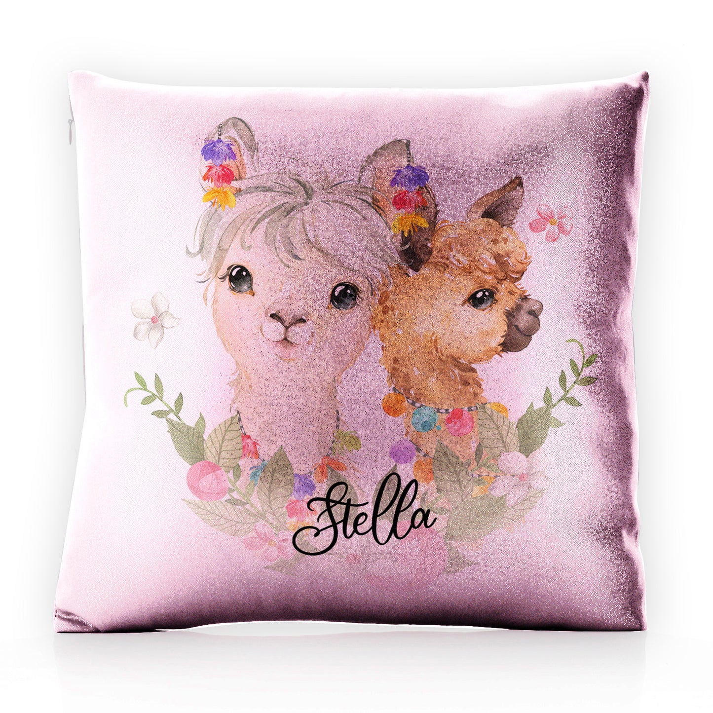 Personalised Glitter Cushion with Alpacas Multicolour Baubles and Cute Text