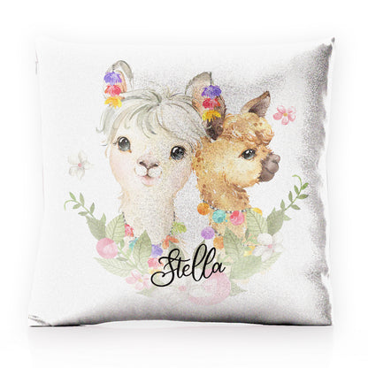 Personalised Glitter Cushion with Alpacas Multicolour Baubles and Cute Text