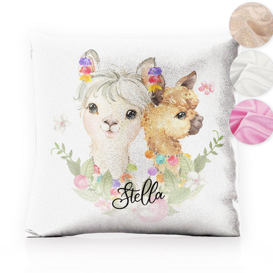 Personalised Glitter Cushion with Alpacas Multicolour Baubles and Cute Text