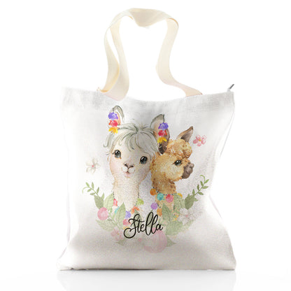 Personalised Glitter Tote Bag with Alpacas Multicolour Baubles and Cute Text