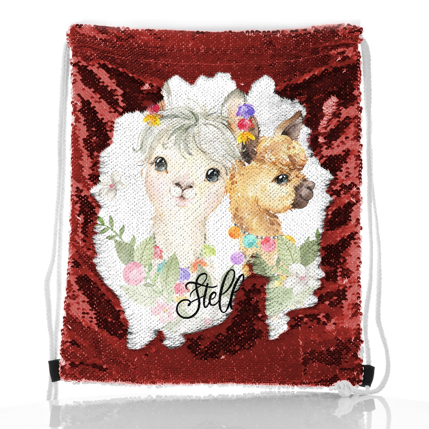 Personalised Sequin Drawstring Backpack with Alpacas Multicolour Baubles and Cute Text