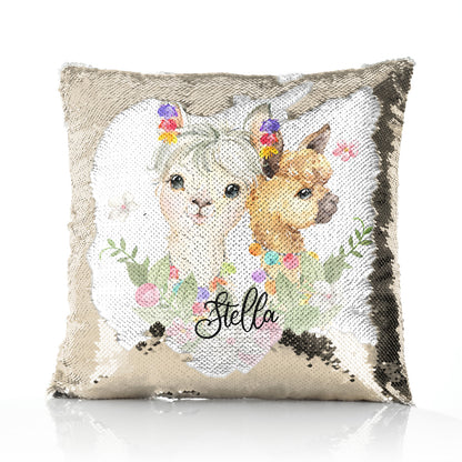 Personalised Sequin Cushion with Alpacas Multicolour Baubles and Cute Text