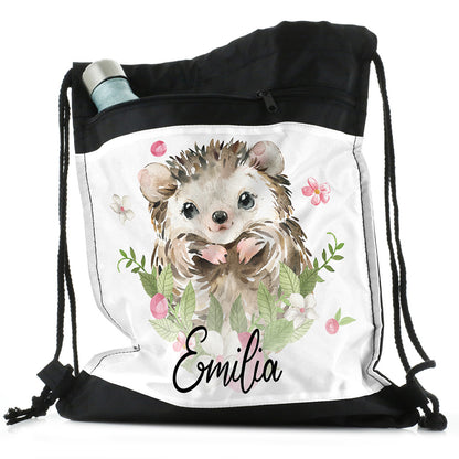 Personalised Hedgehog Flowers and Name Black Drawstring Backpack