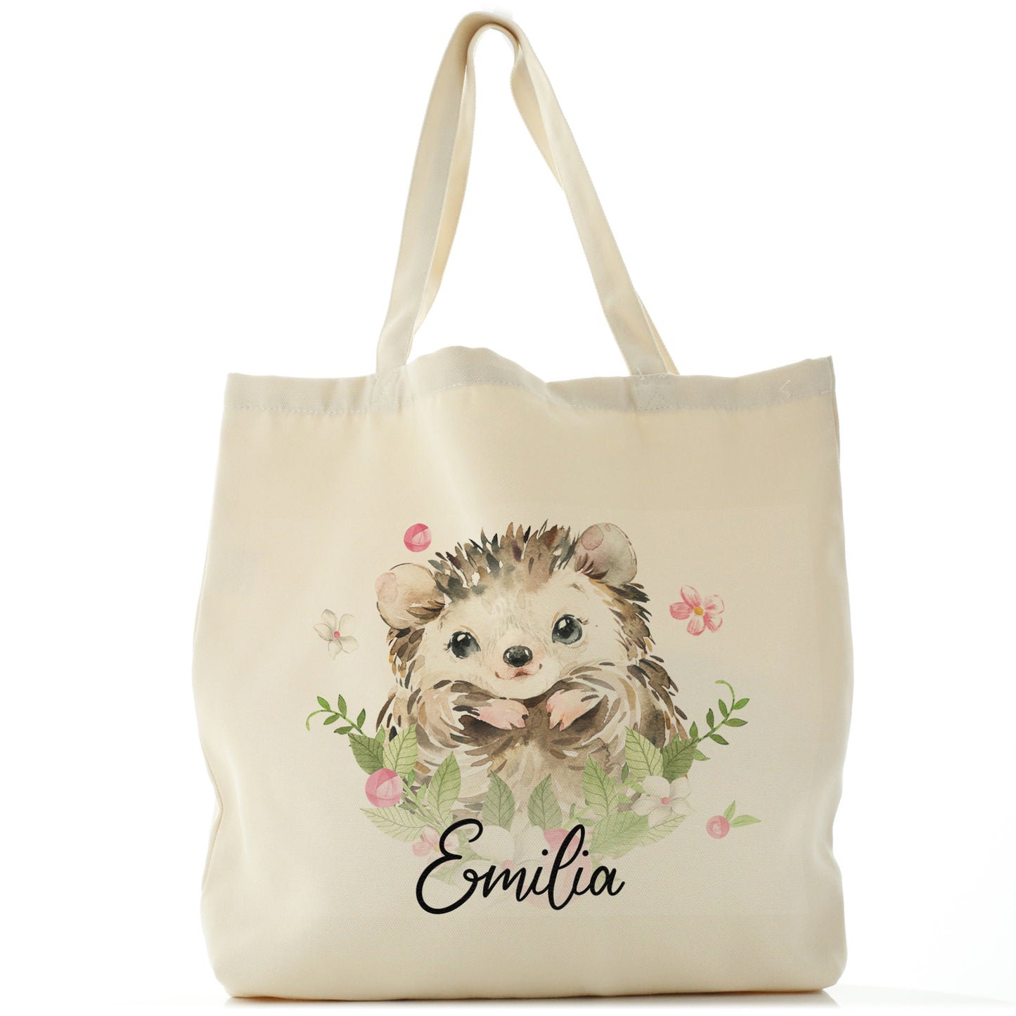 Personalised Canvas Tote Bag with Hedgehog Pink Flowers and Cute Text