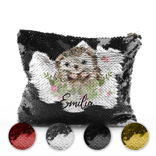 Personalised Sequin Zip Bag with Hedgehog Pink Flowers and Cute Text