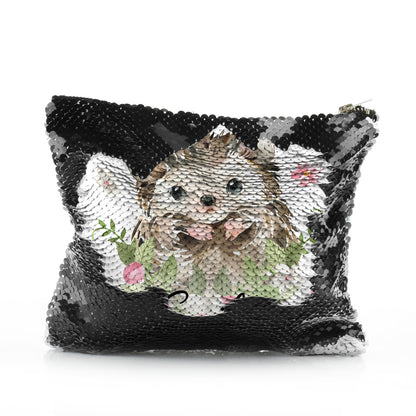 Personalised Sequin Zip Bag with Hedgehog Pink Flowers and Cute Text
