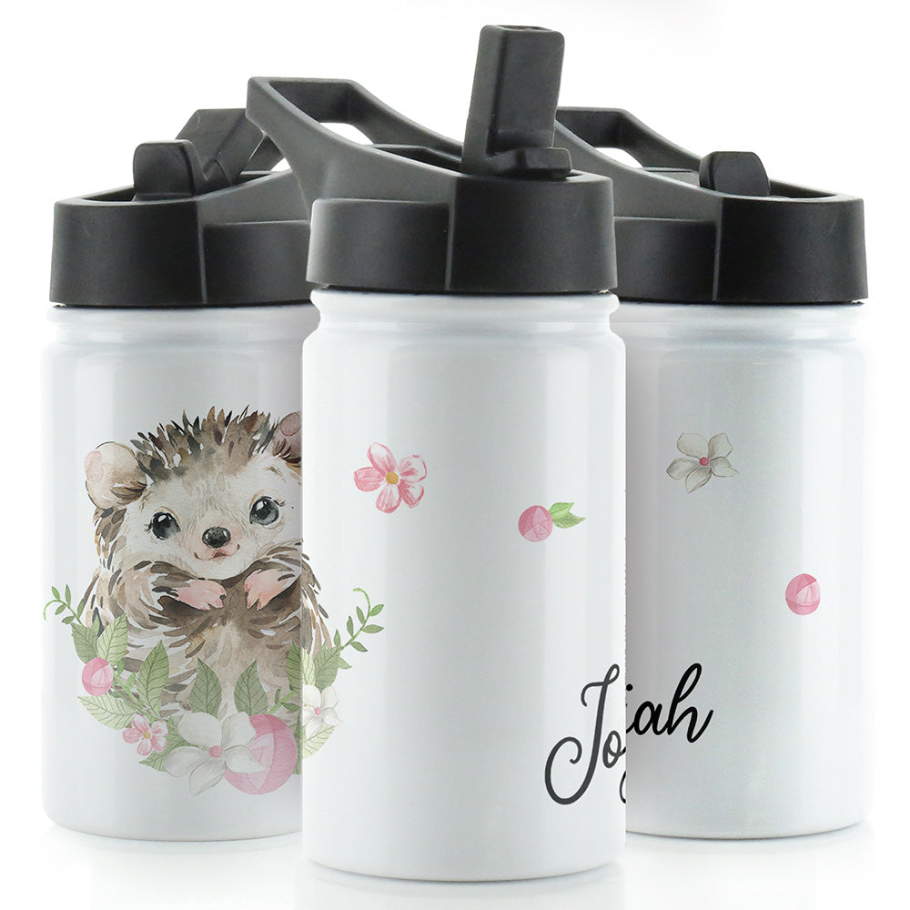 Personalised Hedgehog Pink Flower and Name White Sports Flask