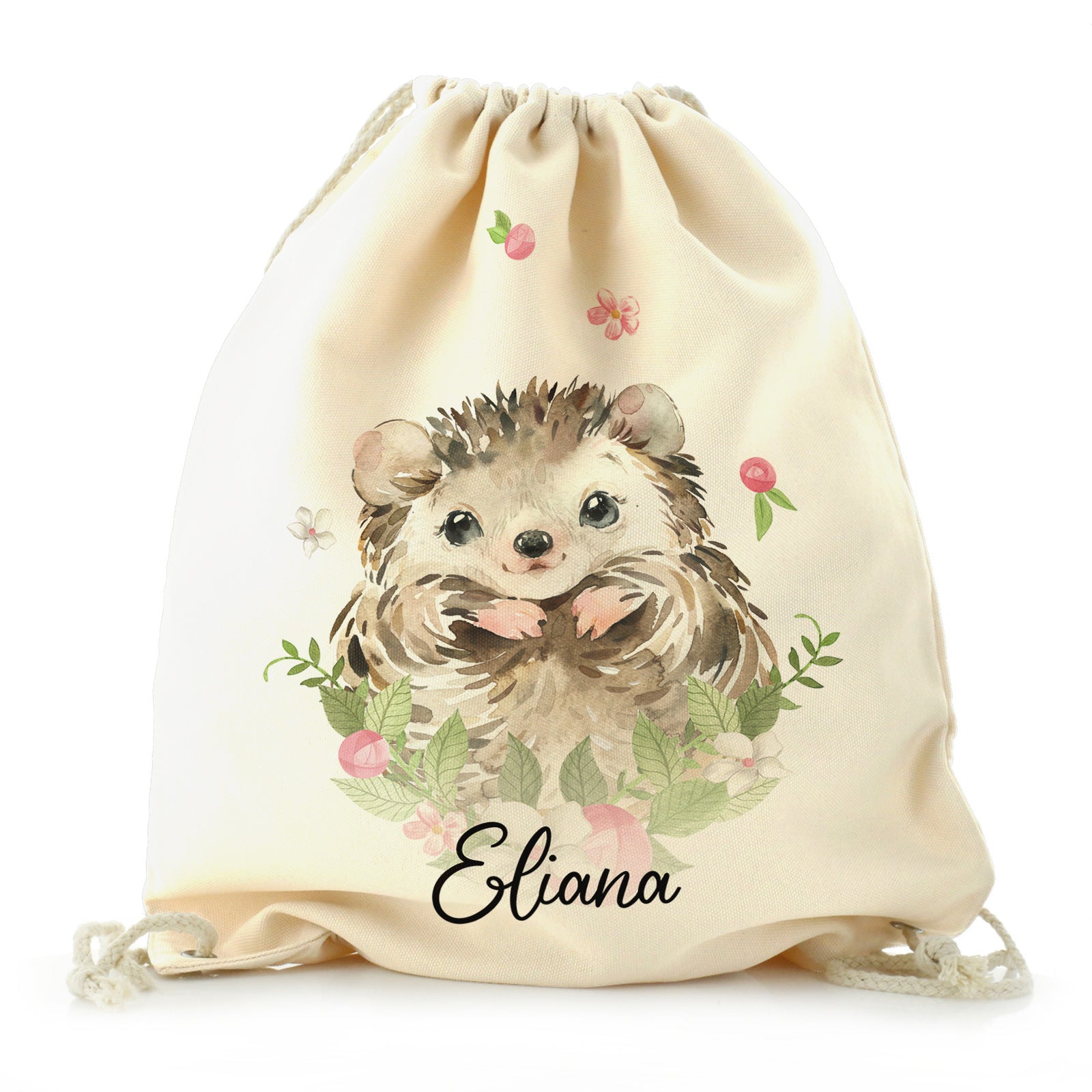 Personalised Canvas Drawstring Backpack with Hedgehog Pink Flowers and Cute Text