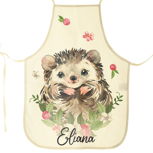 Personalised Canvas Apron with Hedgehog Flowers and Name Design