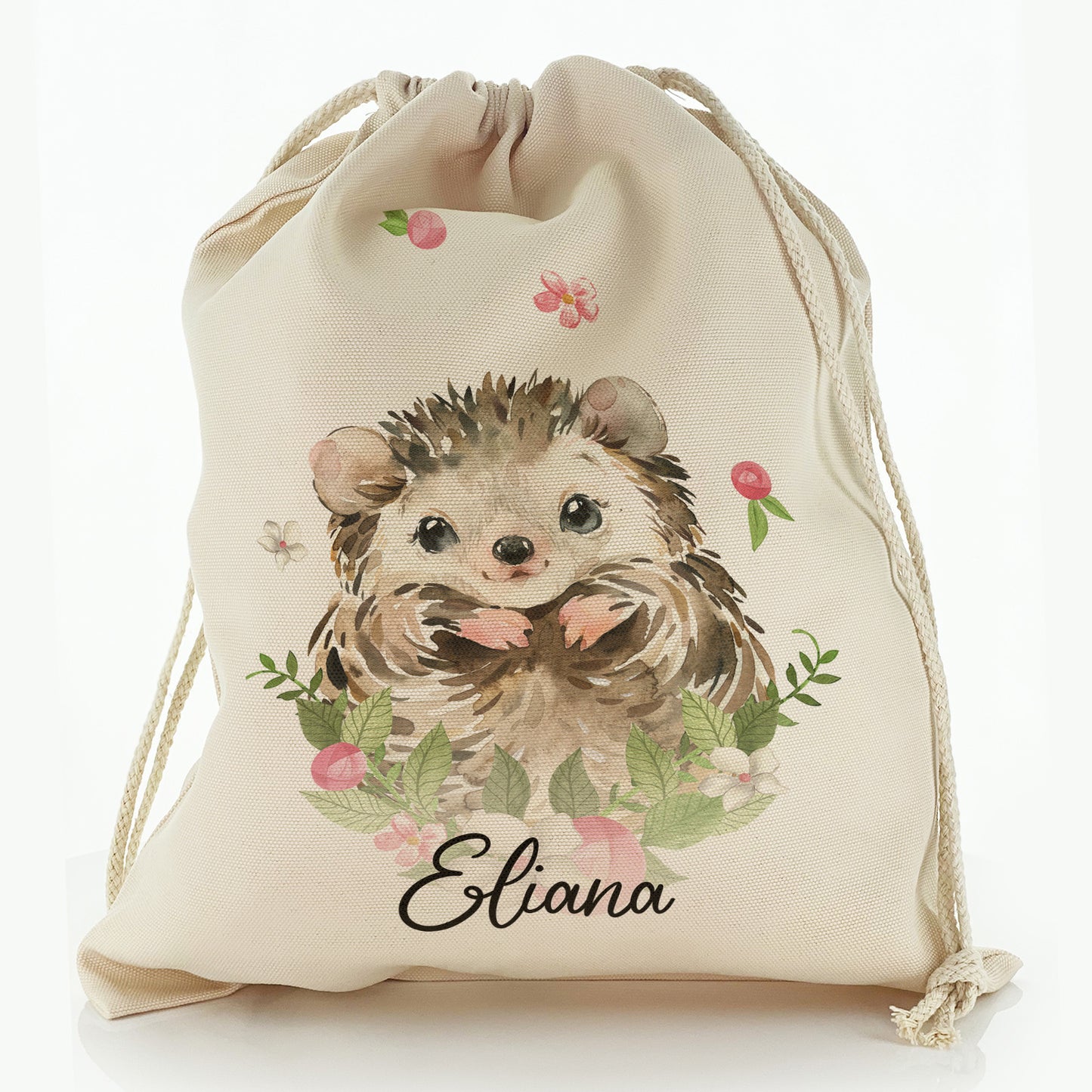 Personalised Canvas Sack with Hedgehog Pink Flowers and Cute Text