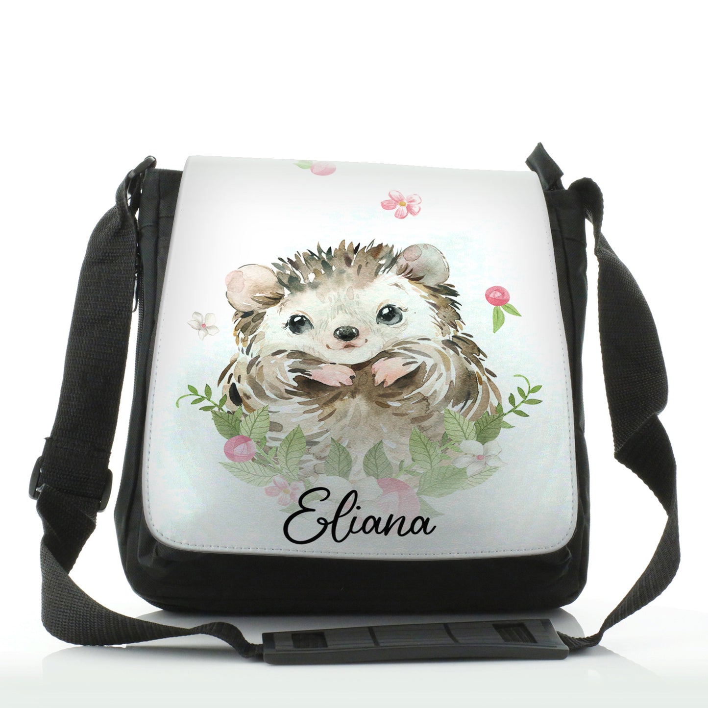 Personalised Shoulder Bag with Hedgehog Pink Flowers and Cute Text