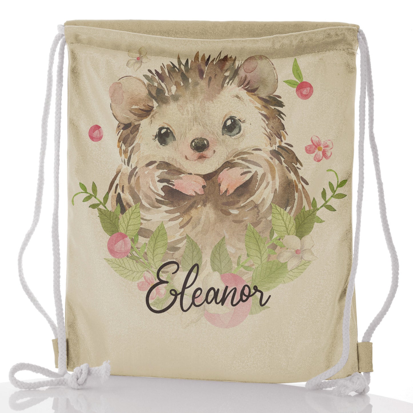 Personalised Glitter Drawstring Backpack with Hedgehog Pink Flowers and Cute Text
