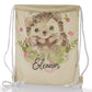 Personalised Glitter Drawstring Backpack with Hedgehog Pink Flowers and Cute Text