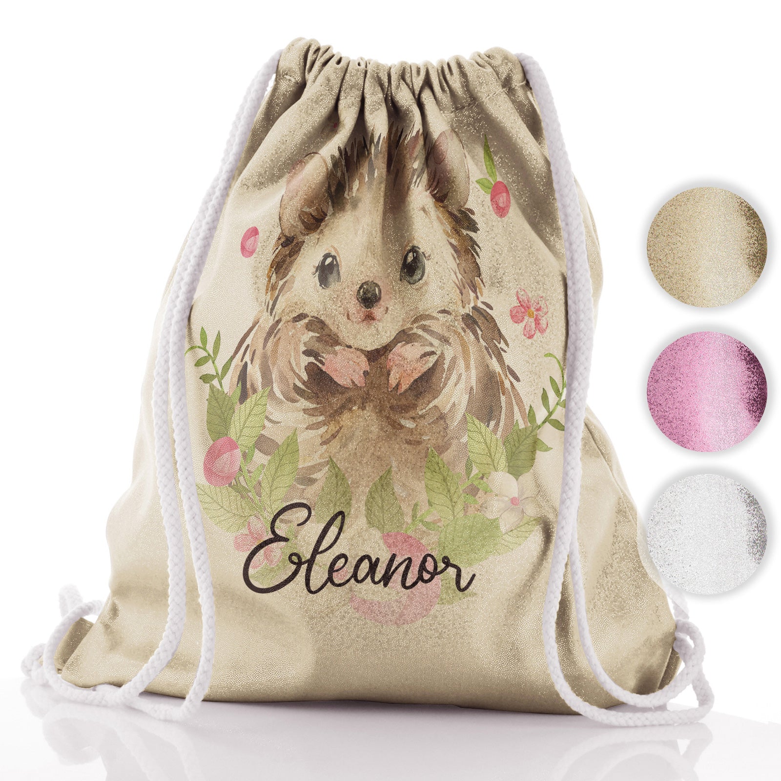 Personalised Glitter Drawstring Backpack with Hedgehog Pink Flowers and Cute Text