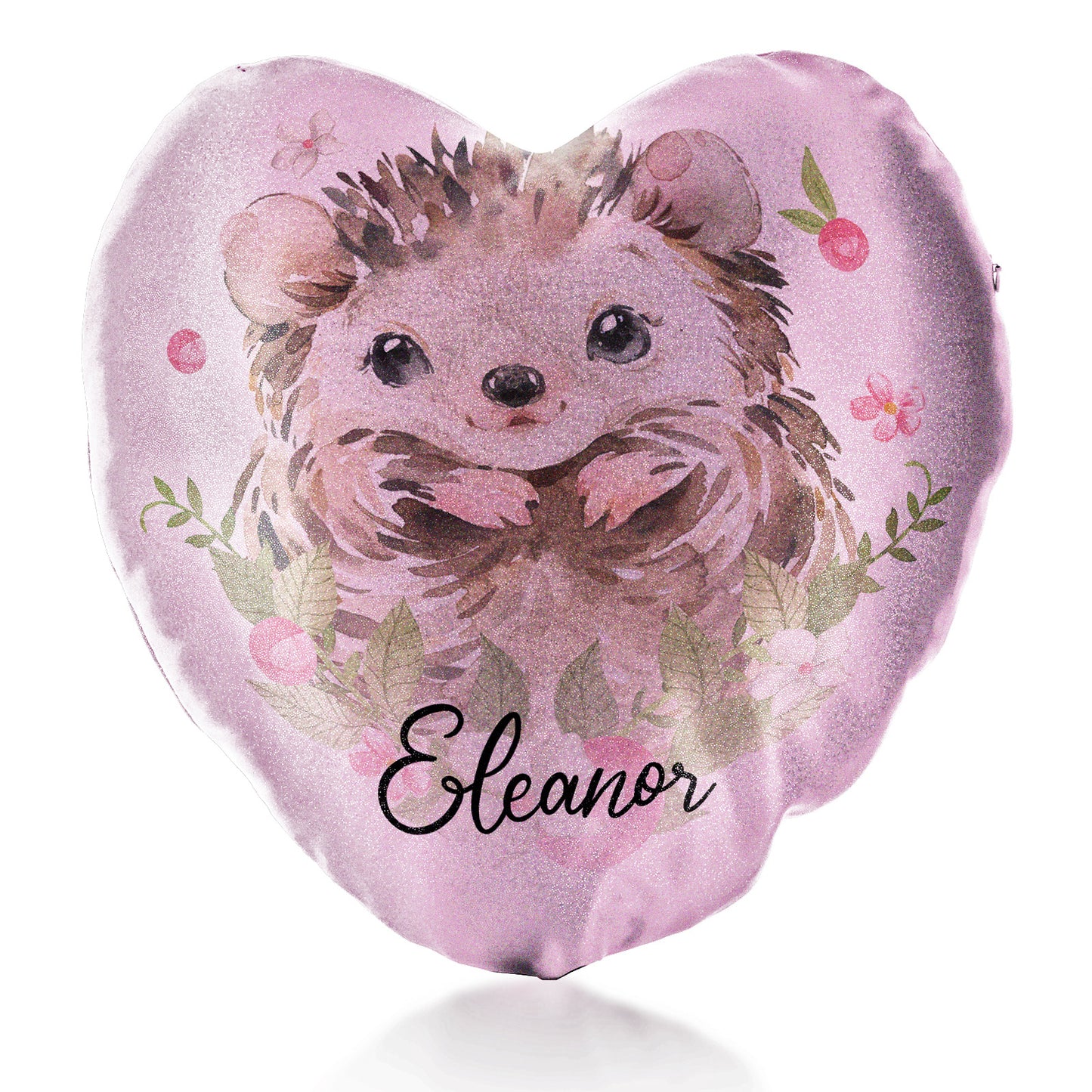 Personalised Glitter Heart Cushion with Hedgehog Pink Flowers and Cute Text