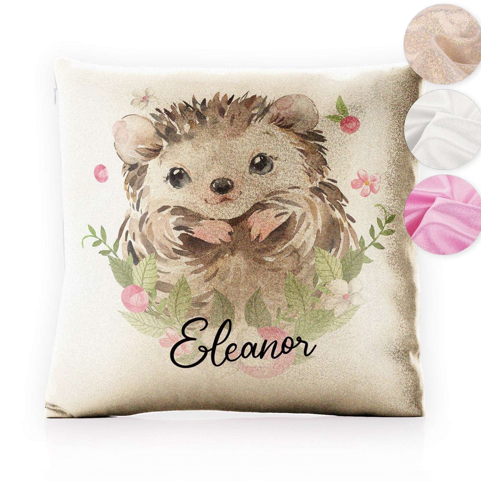 Personalised Glitter Cushion with Hedgehog Pink Flowers and Cute Text