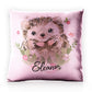Personalised Glitter Cushion with Hedgehog Pink Flowers and Cute Text