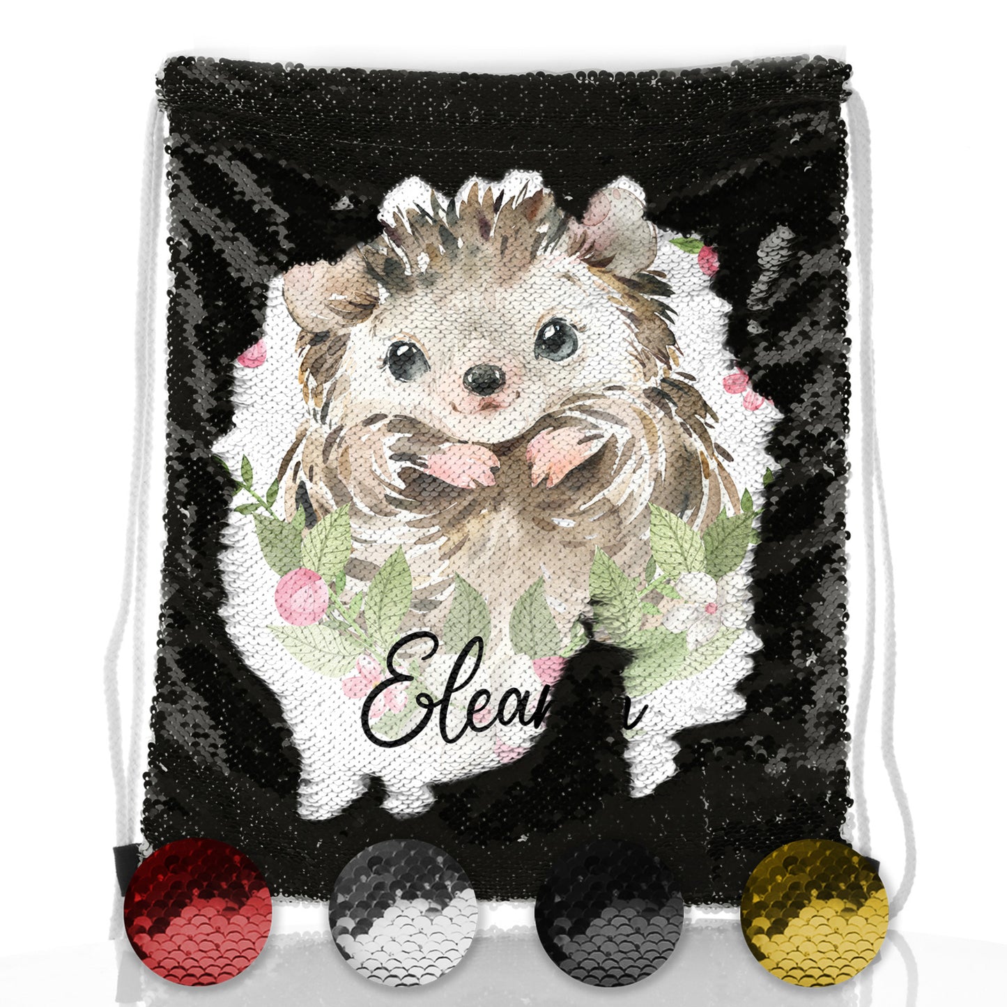 Personalised Sequin Drawstring Backpack with Hedgehog Pink Flowers and Cute Text