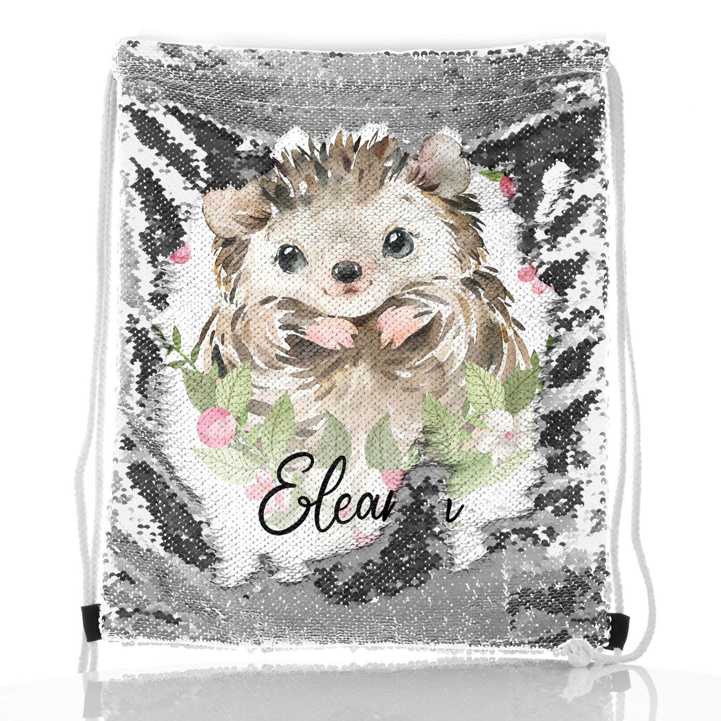 Personalised Sequin Drawstring Backpack with Hedgehog Pink Flowers and Cute Text