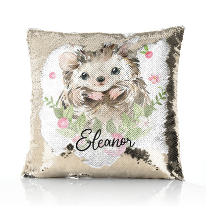 Personalised Sequin Cushion with Hedgehog Pink Flowers and Cute Text