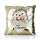 Personalised Sequin Cushion with Hedgehog Pink Flowers and Cute Text
