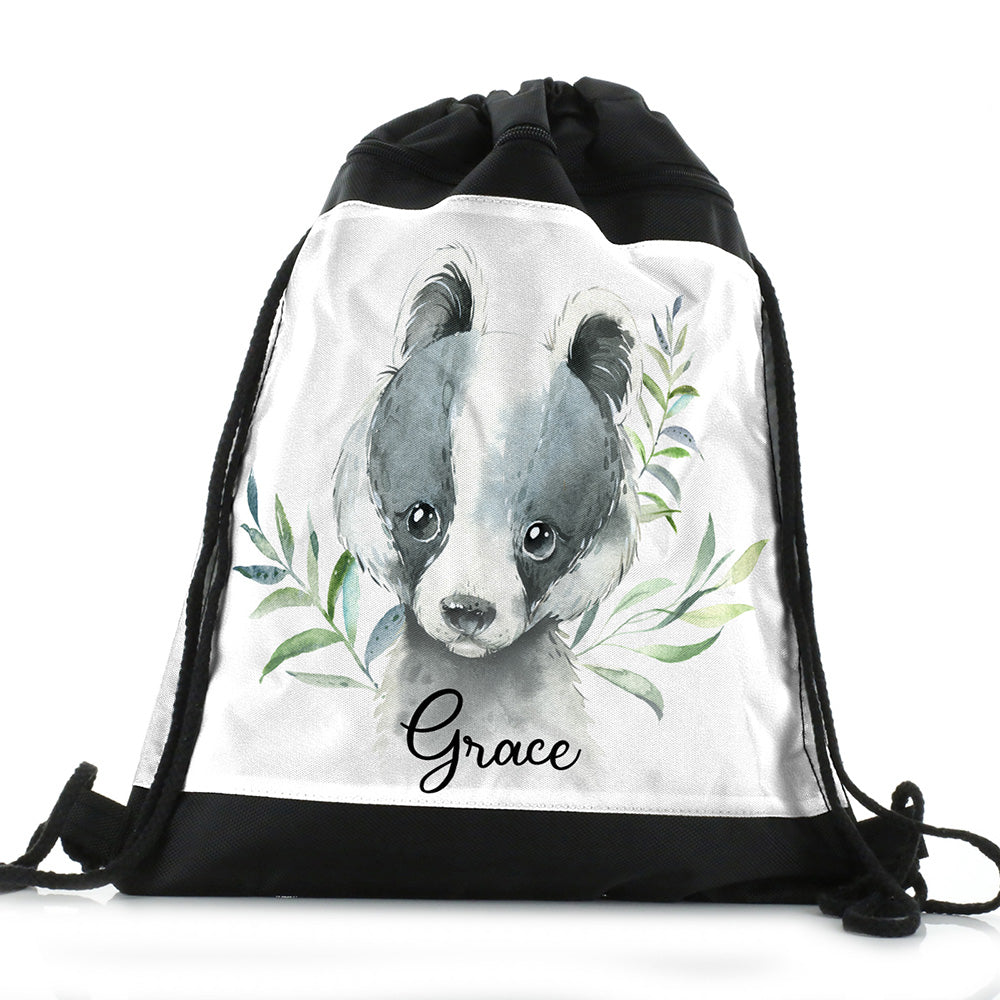 Personalised Badger Leaves and Name Black Drawstring Backpack