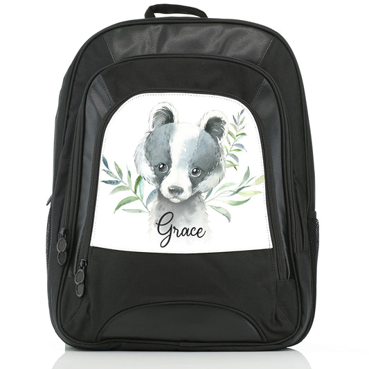 Personalised Large Multifunction Backpack with Black and White Badger Leaves and Cute Text