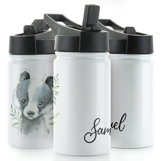 Personalised Badger Leaves and Name White Sports Flask