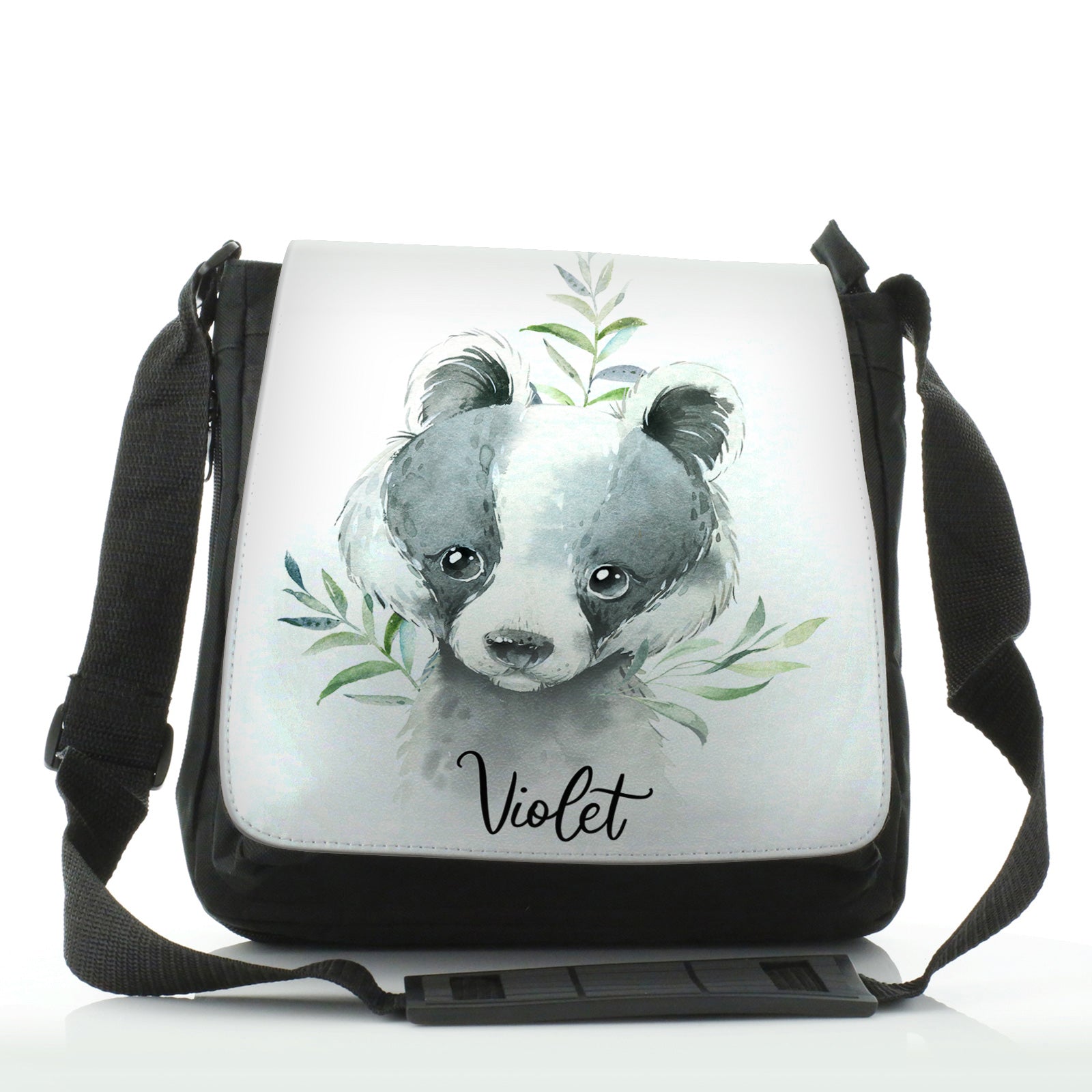 Personalised Shoulder Bag with Black and White Badger Leaves and Cute Text