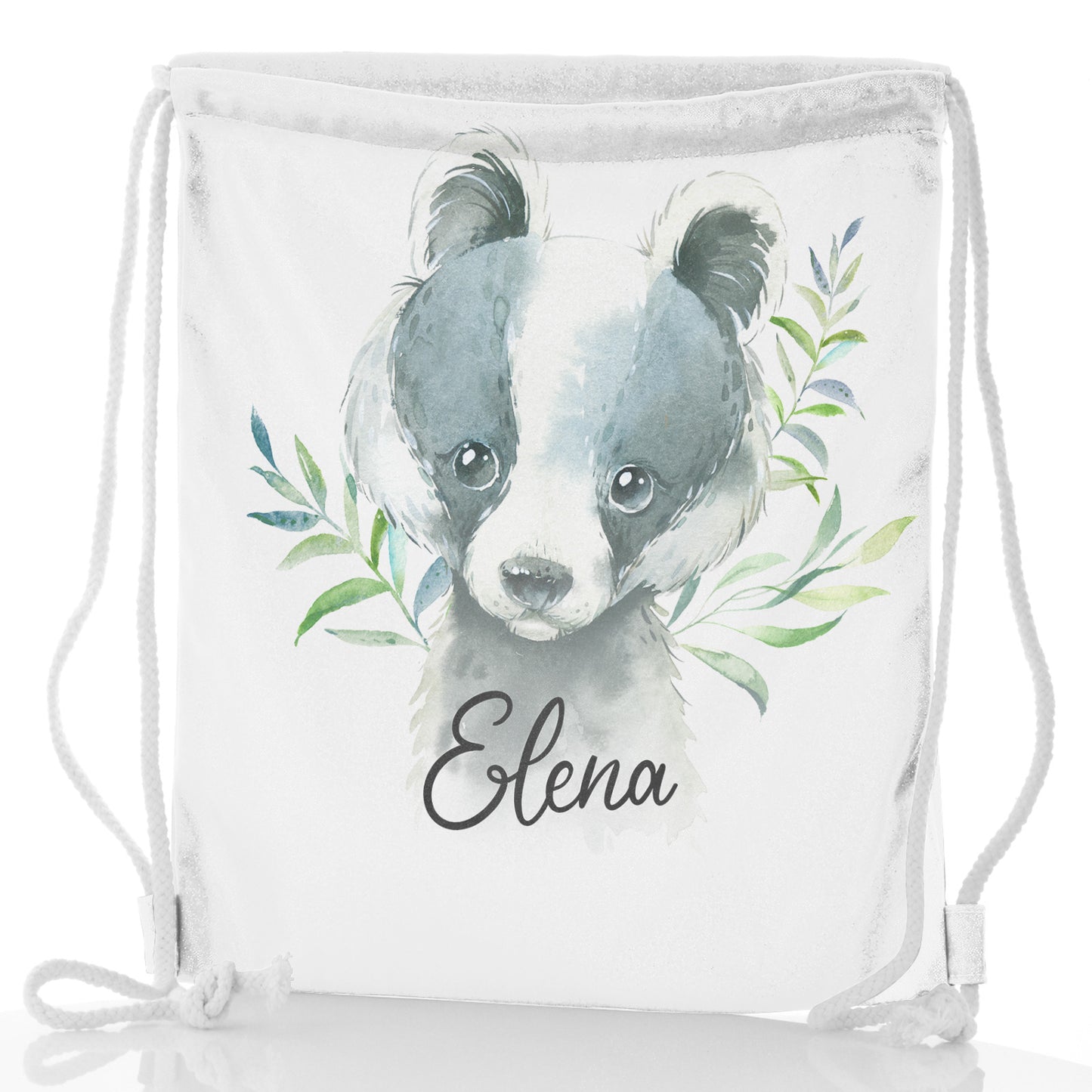 Personalised Glitter Drawstring Backpack with Black and White Badger Leaves and Cute Text