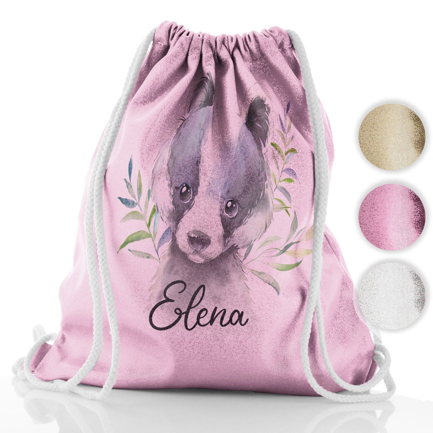 Personalised Glitter Drawstring Backpack with Black and White Badger Leaves and Cute Text