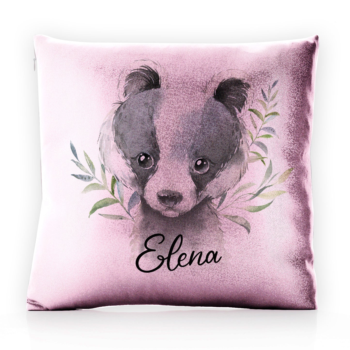 Personalised Glitter Cushion with Black and White Badger Leaves and Cute Text