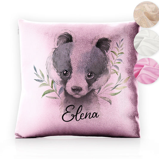 Personalised Glitter Cushion with Black and White Badger Leaves and Cute Text