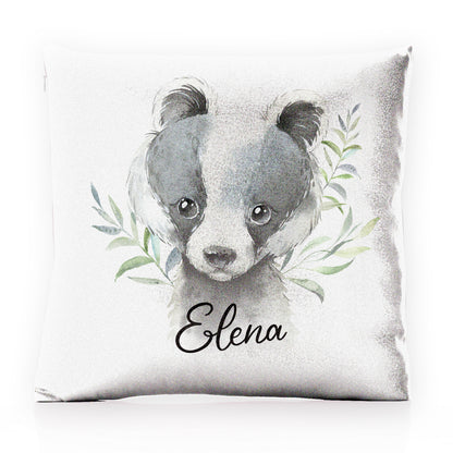 Personalised Glitter Cushion with Black and White Badger Leaves and Cute Text
