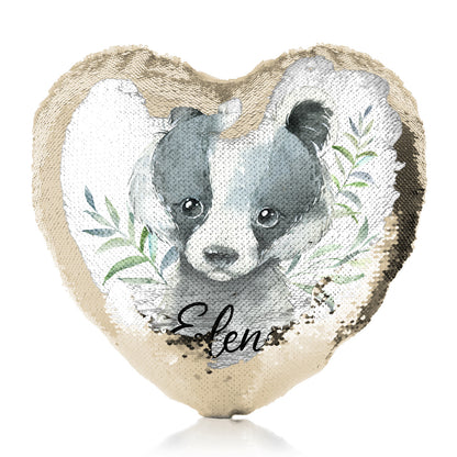 Personalised Sequin Heart Cushion with Black and White Badger Leaves and Cute Text