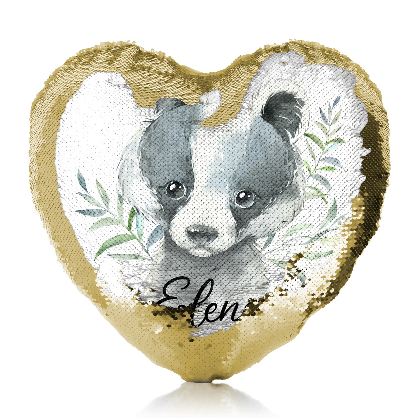 Personalised Sequin Heart Cushion with Black and White Badger Leaves and Cute Text