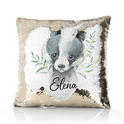 Personalised Sequin Cushion with Black and White Badger Leaves and Cute Text