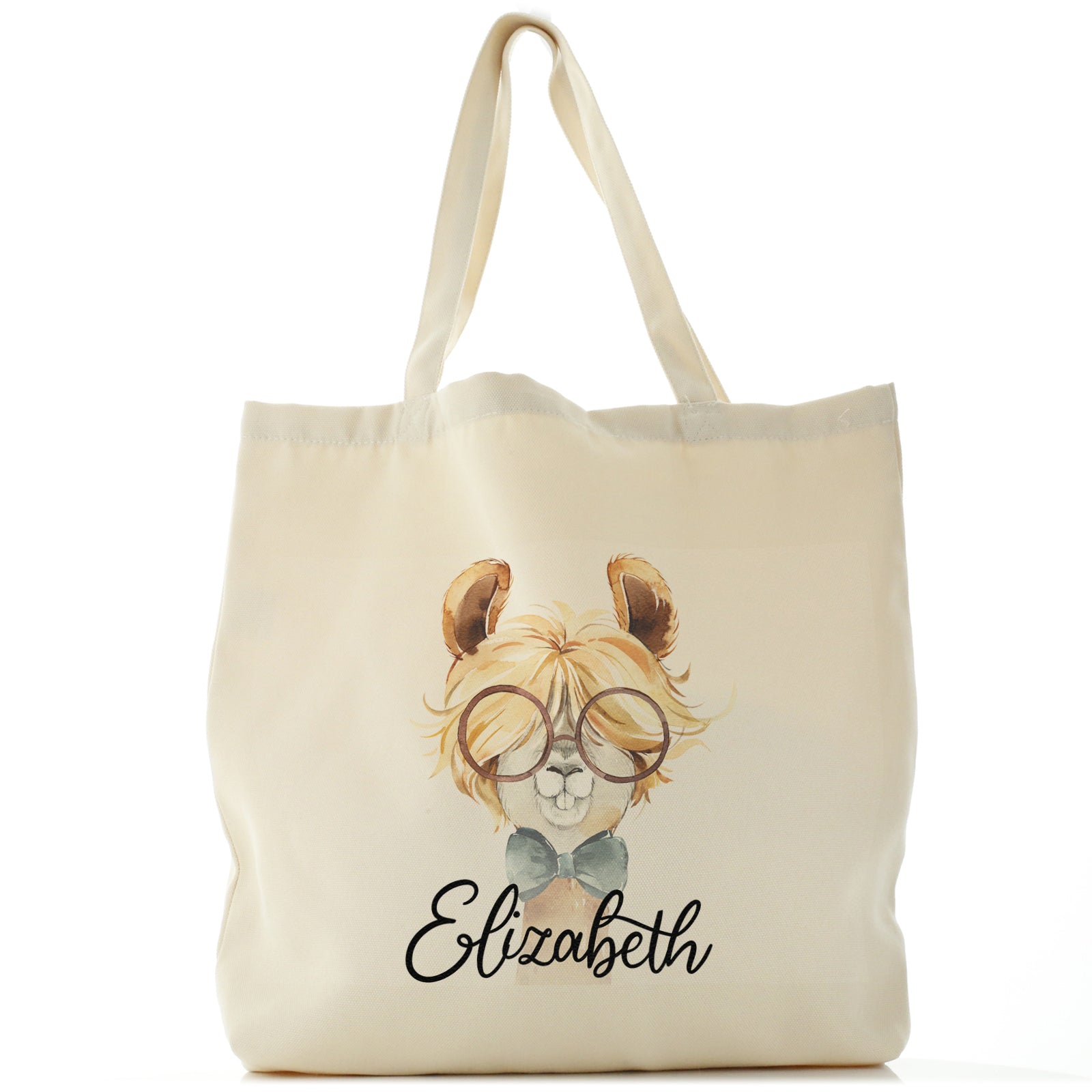 Personalised Canvas Tote Bag with Alpaca Bow Tie and Glasses and Cute Text