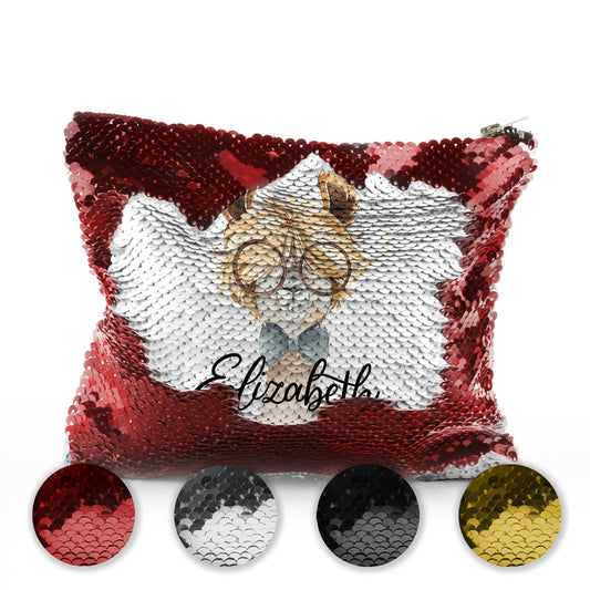 Personalised Sequin Zip Bag with Alpaca Bow Tie and Glasses and Cute Text