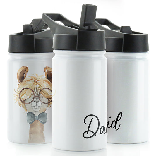Personalised Alpaca Bow Tie and Name White Sports Flask