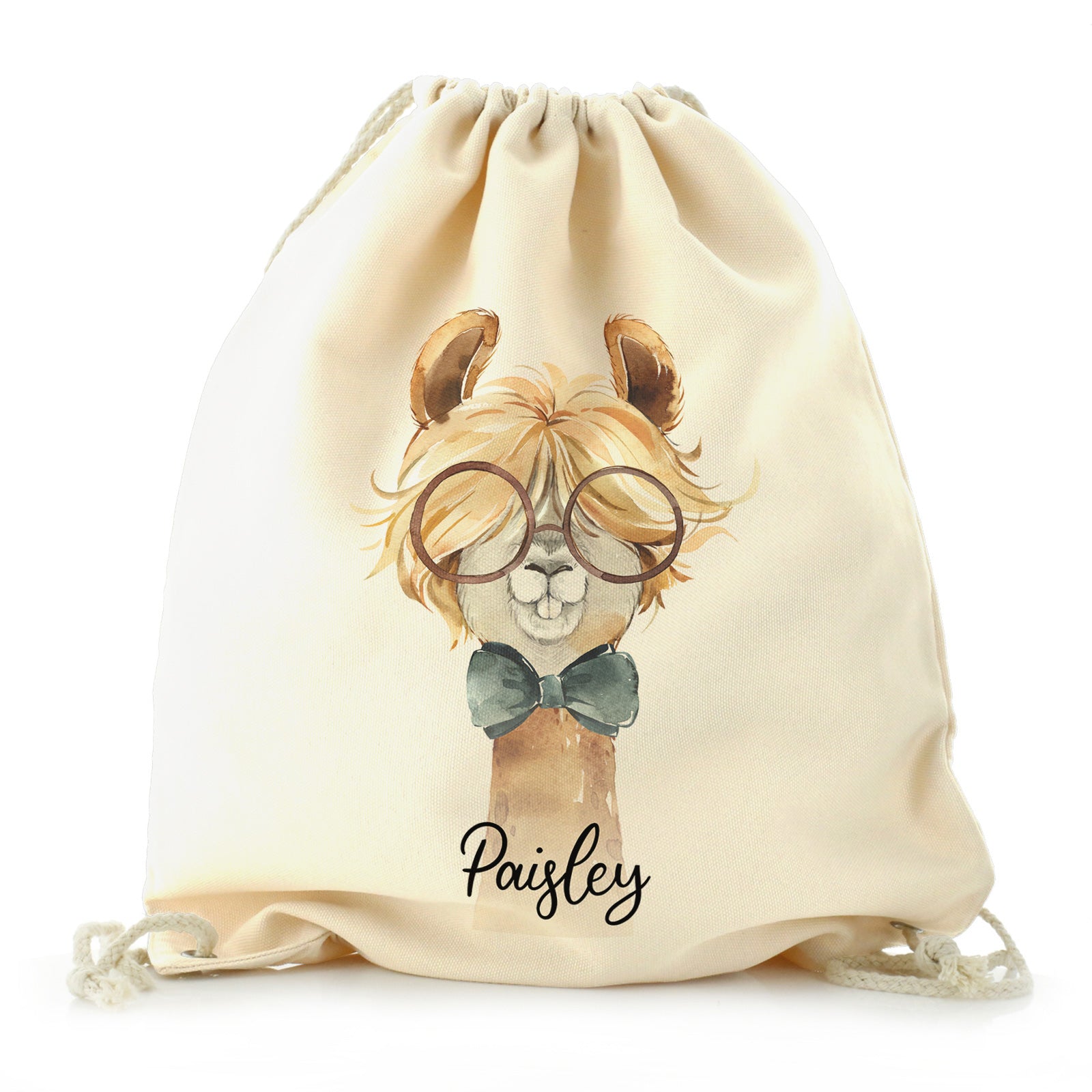 Personalised Canvas Drawstring Backpack with Alpaca Bow Tie and Glasses and Cute Text