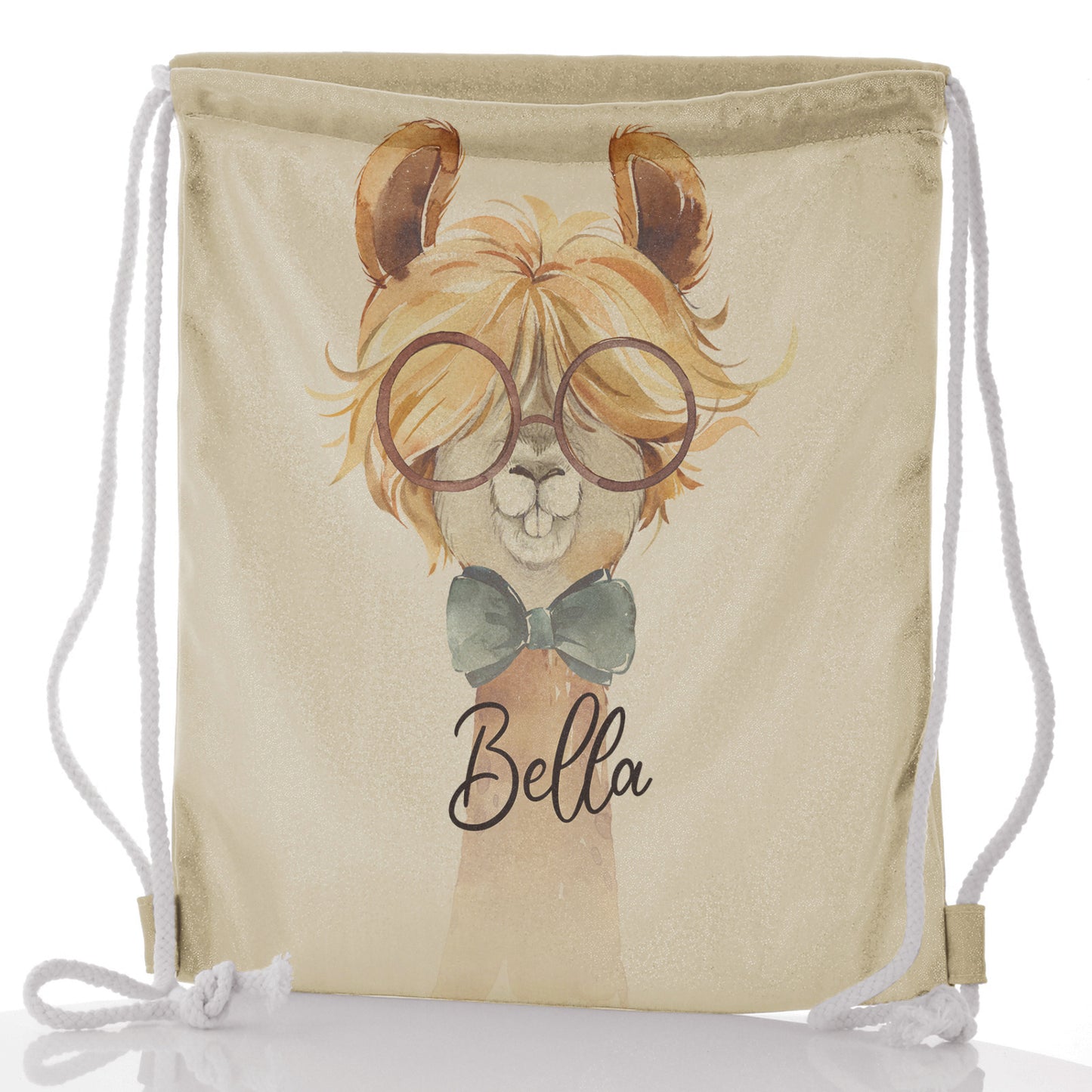 Personalised Glitter Drawstring Backpack with Alpaca Bow Tie and Glasses and Cute Text