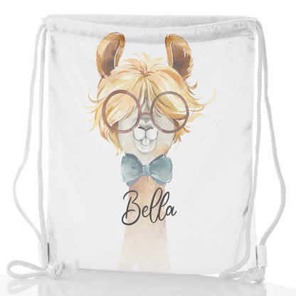 Personalised Glitter Drawstring Backpack with Alpaca Bow Tie and Glasses and Cute Text