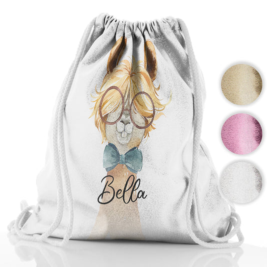 Personalised Glitter Drawstring Backpack with Alpaca Bow Tie and Glasses and Cute Text