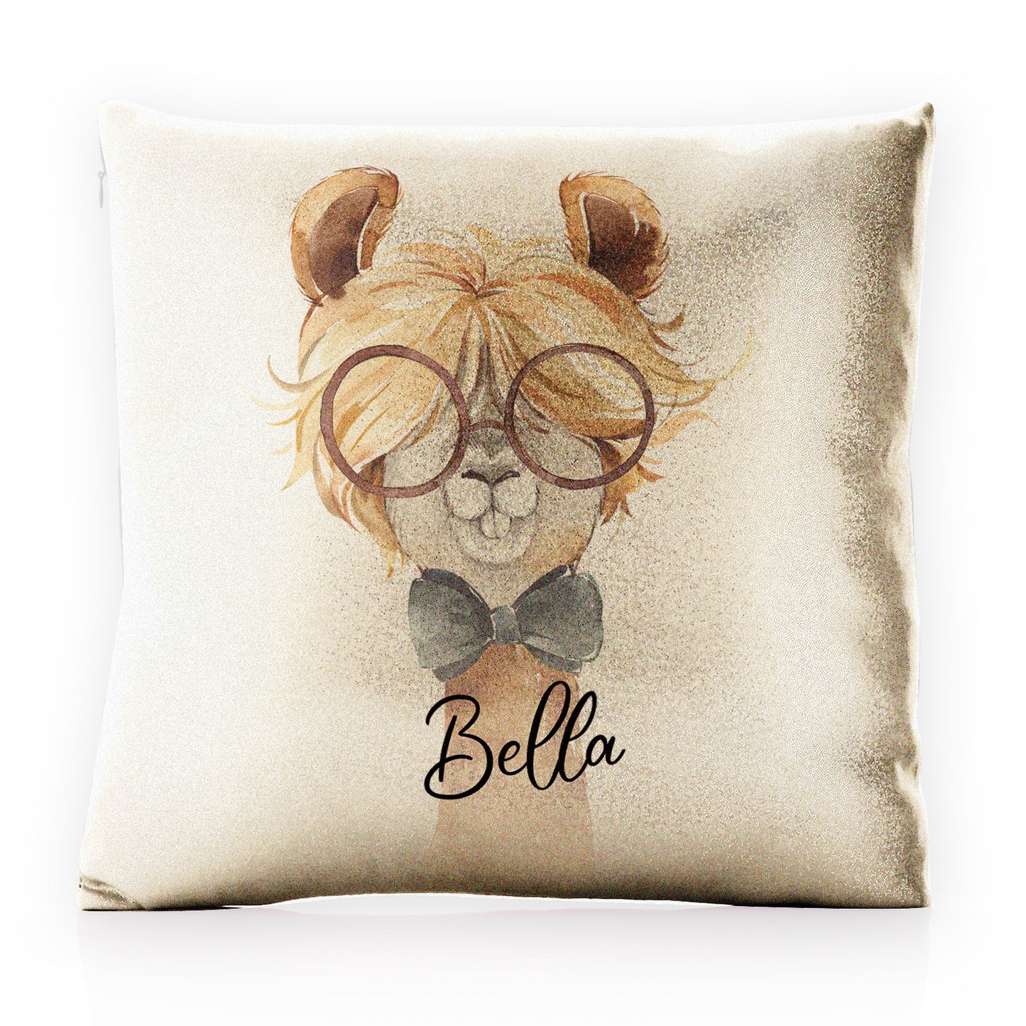 Personalised Glitter Cushion with Alpaca Bow Tie and Glasses and Cute Text