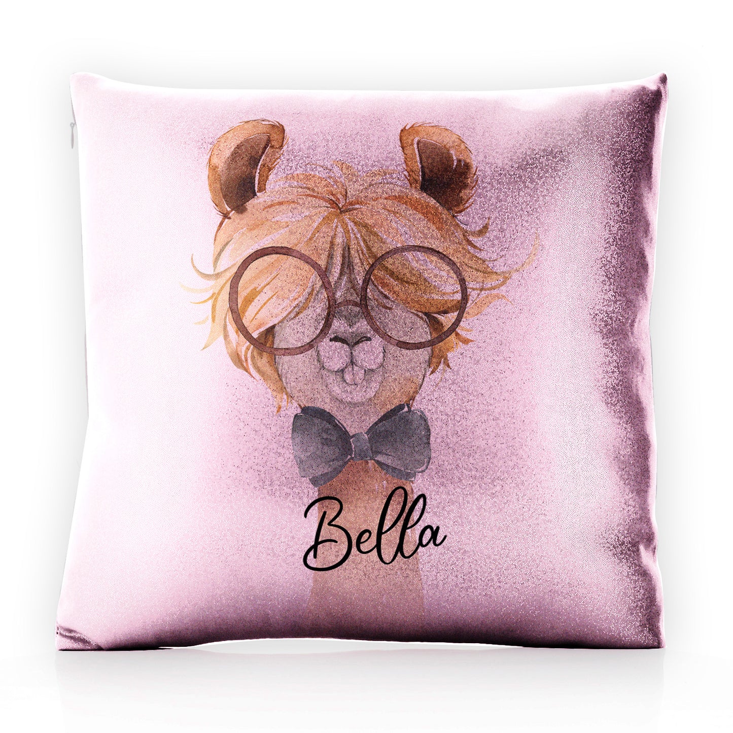 Personalised Glitter Cushion with Alpaca Bow Tie and Glasses and Cute Text