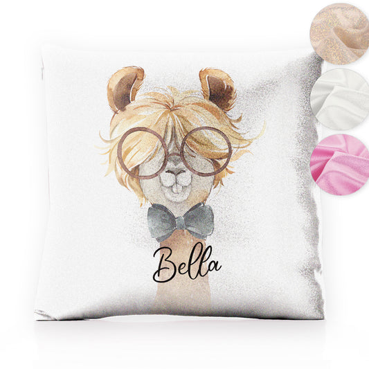 Personalised Glitter Cushion with Alpaca Bow Tie and Glasses and Cute Text