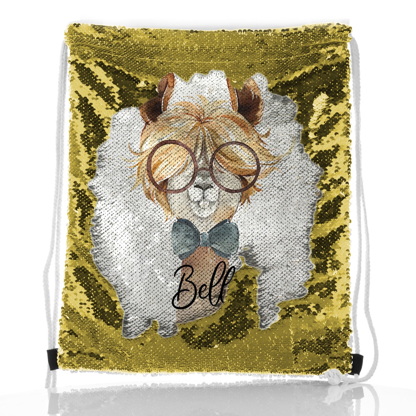 Personalised Sequin Drawstring Backpack with Alpaca Bow Tie and Glasses and Cute Text