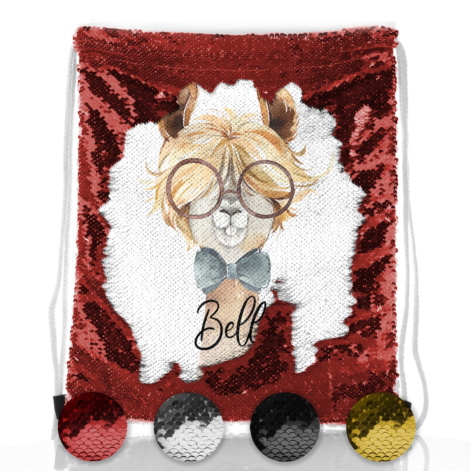 Personalised Sequin Drawstring Backpack with Alpaca Bow Tie and Glasses and Cute Text